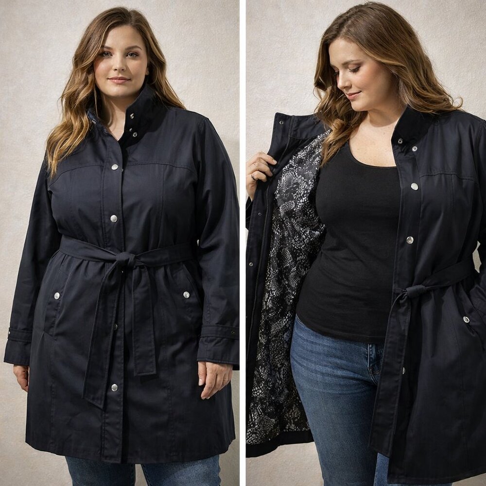 Perfect Jacket Guillaume Black Trench Coat & Animal Print Lining - Sz 1X